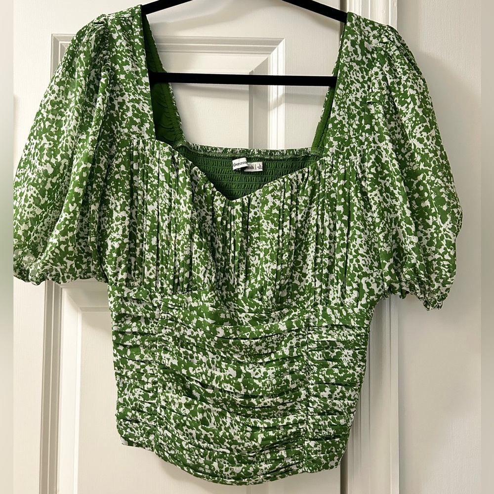 abercrombie & fitch Women's Ruched Puff Sleeve Sweetheart Top Green Size Large